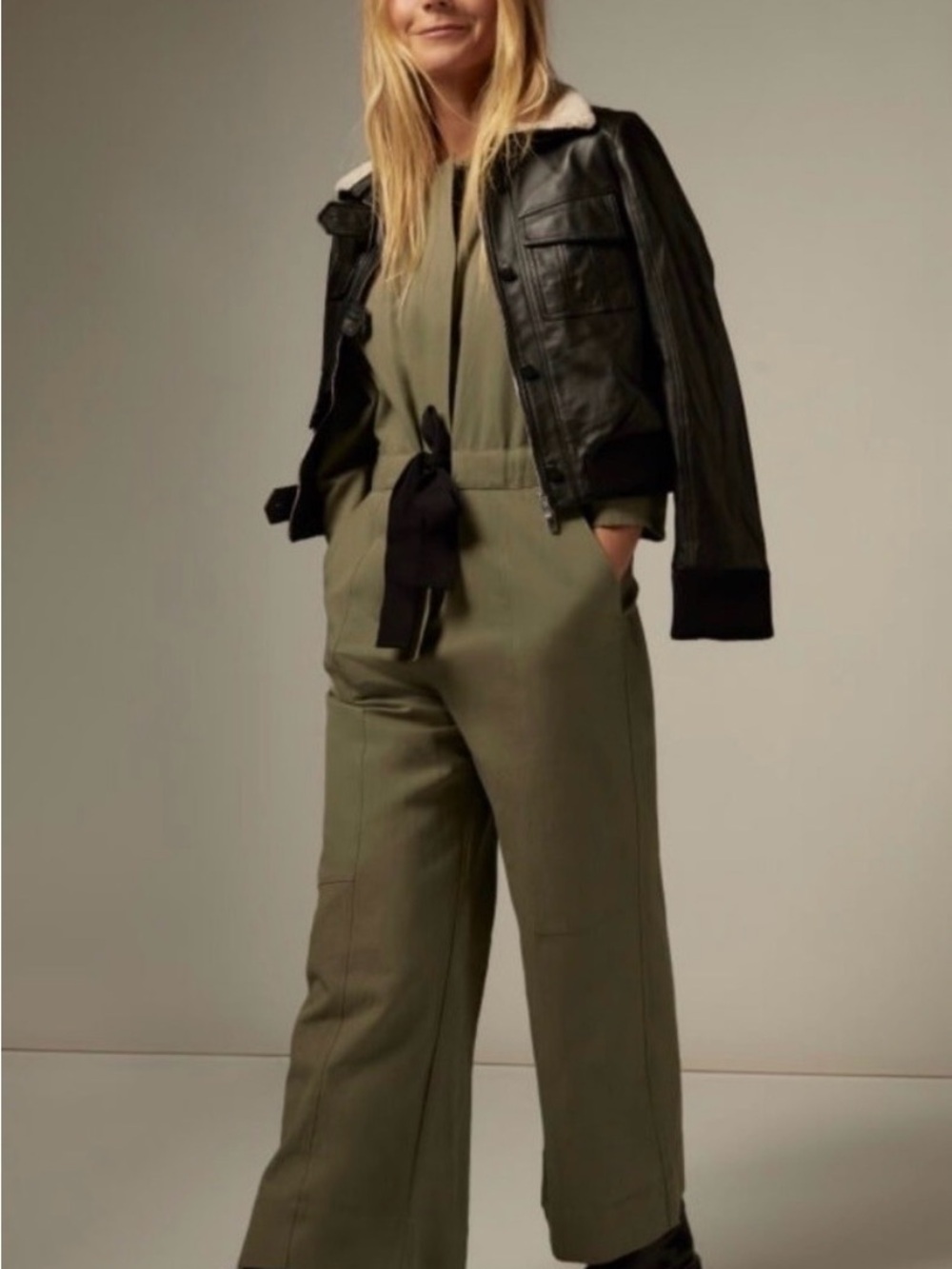 G. Label by goop Joseph Round Sleeve Jumpsuit in army green, size 6.
